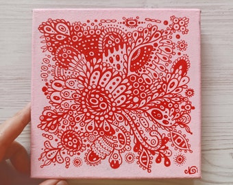 Pink Surreal Painting, Geometric Abstract Art (6" x 6")