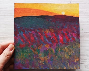 Peinture Toscane champ lavande 6 x 6 po. par NikaD Italie paysage Gouache petit art Sunset Meadow minuscule oeuvre d'art floral