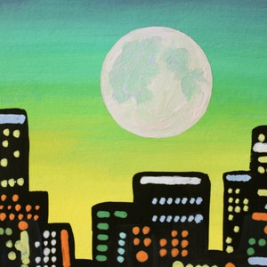 Los Angeles Skyline Painting Urban Landscape Original Art 7 x 9 pouces par NikaDemenko City Abstract Cityscape Wall Art Full Moon image 2