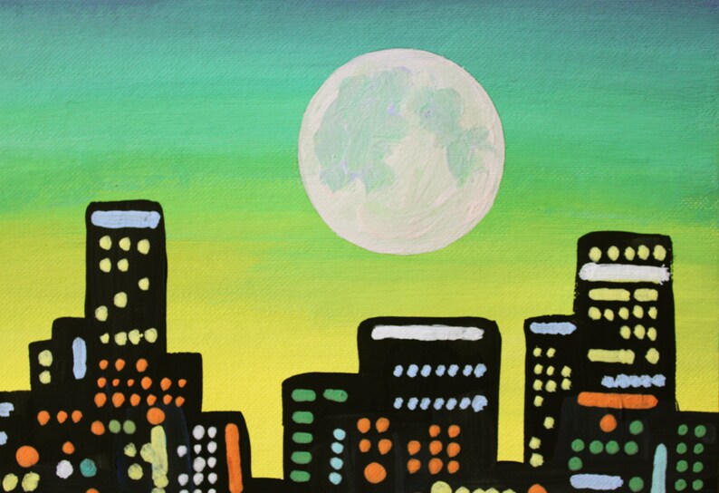 Los Angeles Skyline Painting Urban Landscape Original Art 7 x 9 pouces par NikaDemenko City Abstract Cityscape Wall Art Full Moon image 2