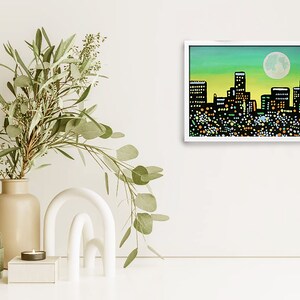 Los Angeles Skyline Painting Urban Landscape Original Art 7 x 9 pouces par NikaDemenko City Abstract Cityscape Wall Art Full Moon image 7