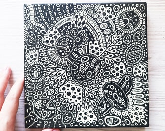 Surreal Geometric Painting, Black and White Abstract Art (8x8)
