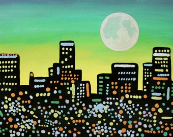 Los Angeles Skyline Painting Urban Landscape Original Art 7" x 9" inches by NikaDemenko City Abstract Cityscape Wall Art Full Moon