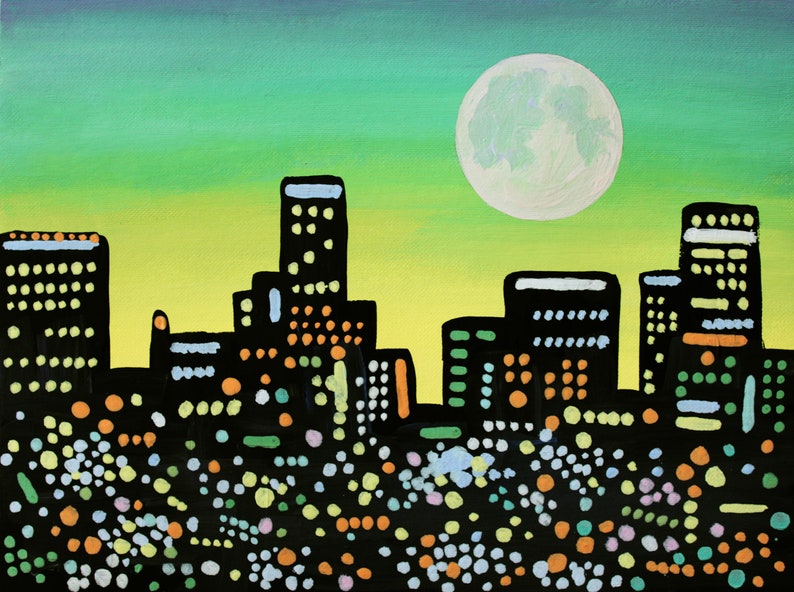 Los Angeles Skyline Painting Urban Landscape Original Art 7 x 9 pouces par NikaDemenko City Abstract Cityscape Wall Art Full Moon image 1