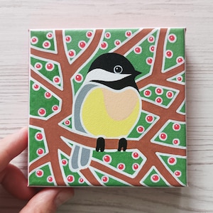 Chickadee Painting Titmouse Bird Artwork Original Art 4 x 4 by NikaD Bird Painting Small Art Nature Animal Acrylic On Tiny Canvas