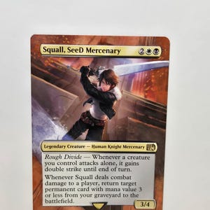 May include: A trading card featuring "Squall, SeeD Mercenary." The card depicts a character in a black jacket wielding a sword. The card has a brown border and includes text describing the character's abilities. The card's power is 3/4.