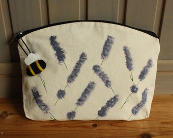 Large Zip Bag, Hand Painted with Felted Bee Charm - Lavender Design
