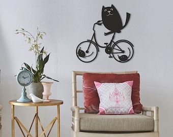Playful Cat Riding Bike and Rolling Mouse Metal Wall Art, Whimsical Animal Decor,Metall Wandkunst Arte de pared de metal Arte da parete in