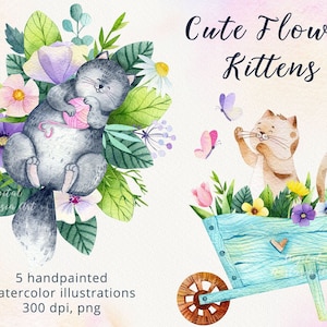Cat watercolor floral clipart. Cute Kitten clip art. Spring and summer flowers. Cats png. Baby boy, girl illustration. Baby cute animal