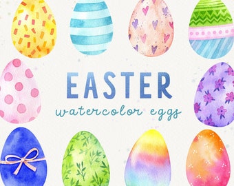May include: A set of ten watercolor Easter eggs in various colors and patterns, including polka dots, stripes, hearts, flowers, and confetti. The eggs are arranged in a circle around the text "EASTER watercolor eggs".