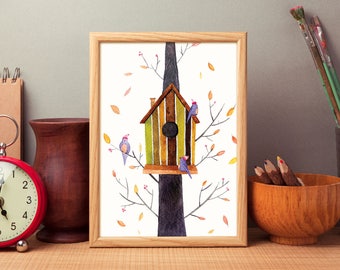 Autumn Bird Print, Nursery decor, Digital Watercolor, 8x10, 11x17, Animal Download Art, Printable Wall Art, Digital Download, Room decor