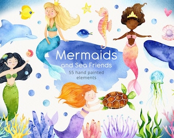 Watercolor Mermaid Clipart: Ocean Animals PNG (Digital Download)