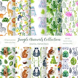 Jungle Animals Carta digitale. Modello di album safari ad acquerello. Carte per baby shower Tropic Baby stampabili. Sfondo Foglia tropicale per neonati