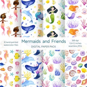 Mermaid and sea digital paper pack. Watercolor Ocean Animals seamless background. Summer baby girl scrapbook papers with whale and mermaids.