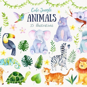 Jungle animlas, Safari Watercolor Clipart, Babyshower Jungle, Safari Animal, Woodland clipart, Nursery Jungle, Baby animals, Elephant, Koala