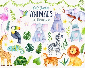 Jungle animlas, Safari Watercolor Clipart, Babyshower Jungle, Safari Animal, Woodland clipart, Nursery Jungle, Baby animals, Elephant, Koala