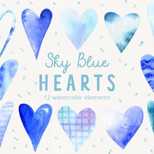 Watercolor sky blue hand drawn clipart, Valentine day png, Heart doodle clip art, Cute digital clipart, Wedding and baby shower png