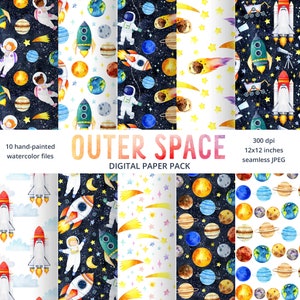 Space seamless digital paper, Galaxy colorful scrapbook paper, Space baby shower, Hand drawn watercolor planet, Solar system background