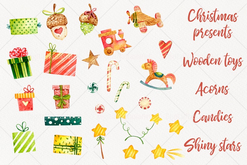 May include: Watercolor illustrations of Christmas presents, wooden toys, acorns, candies, and shiny stars. The illustrations are in a whimsical style and feature bright colors.