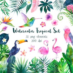 Tropical Clipart. Tropic flamingo watercolor. Hawaii watercolor clip art perfect for summer wedding invitation. Tropical flower and greenery