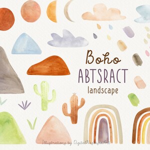 Boho landscape clipart, Abstract nature hand drawn watercolor, Mountain and moon phase clipart perfect for scrapbookin and babyshowerg