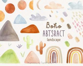 Boho landscape clipart, Abstract nature hand drawn watercolor, Mountain and moon phase clipart perfect for scrapbookin and babyshowerg