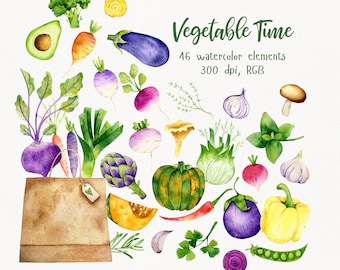May include: A watercolor illustration of a variety of vegetables, including eggplant, mushrooms, garlic, peppers, and leafy greens. The vegetables are arranged around a brown paper bag with a heart-shaped tag. The text "Vegetable Time" is written in green cursive at the top of the image. The text "46 watercolor elements" and "300 dpi, RGB" is written below the title.
