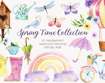 Aquarelle Spring Clipart. Fleur. Jardin. Élément de ressort floral. Image clipart arc-en-ciel. Montgolfière, oiseaux, parapluie, vélo, arrosoir
