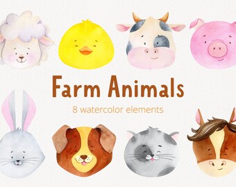 Farm animal clipart, watercolor horse clipart, dog and cow baby shower animal clip art, pig png, cat clipart, commercial use