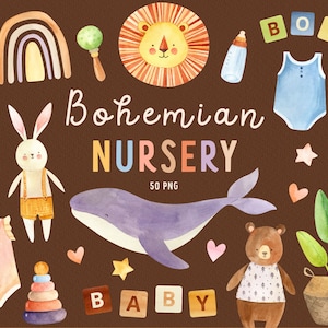 Boho baby shower clipart, Handgetekende kinderkamer clipart, Boho scène pasgeboren schepper, Boho Rainbow png, Lama en beer scrapbook element