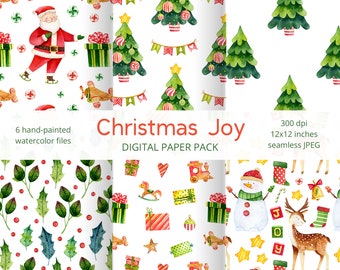 Può includere: Sei design di carta digitale con illustrazioni ad acquerello su temi natalizi. I design includono un pupazzo di neve, una renna, un treno giocattolo, un cavallo a dondolo, un albero di Natale, foglie di agrifoglio e un Babbo Natale sui pattini. Il testo "Christmas Joy" e "Digital Paper Pack" è incluso nell'immagine.