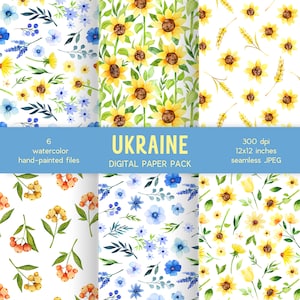 Puede incluir: Un paquete de papel digital con seis patrones de acuarela que presentan girasoles, trigo, bayas y flores azules. Los patrones son sin costuras y perfectos para proyectos de manualidades, scrapbooking y diseño digital.