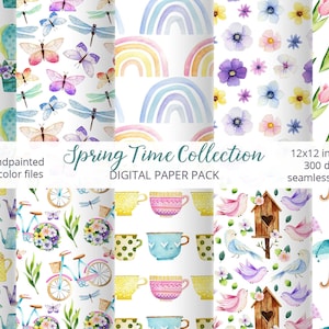 Aquarell Blume digitale Papierpackung. Frühlingspapier. Sommer Muster Set. Regenbogen, Grün, Wildblumen und Fahrrad. Tulpe nahtlose Muster