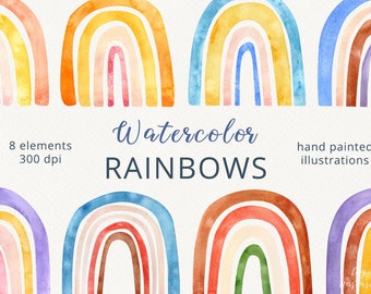 Watercolor Modern Rainbow clip art. Hand painted boho rainbows. Scandinavian nursery. Baby shower graphics. Baby girl scrapbook