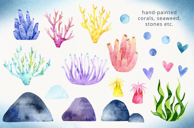 Underwater clip art PNG Mermaids Watercolor Clipart fairytale party Little Mermaid and Ocean animals perfect for girl nautical babyshower