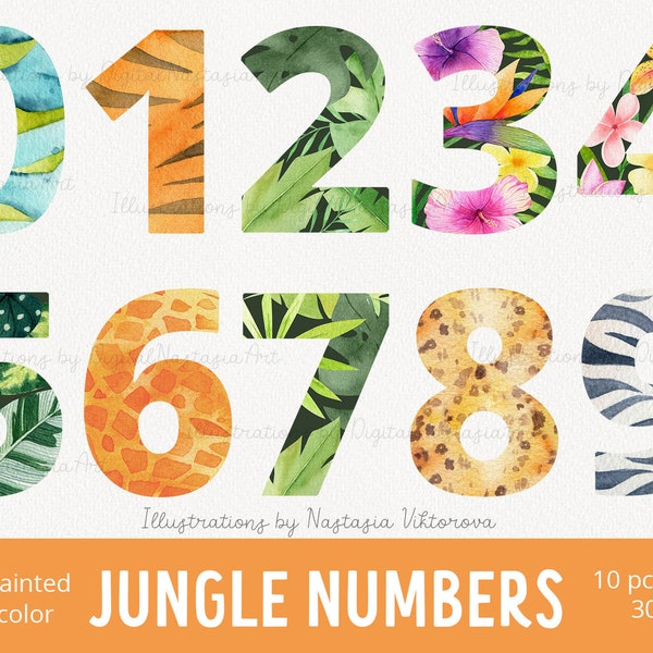 Baby shower numbers clipart, Watercolor birthday clipart, Flower numbers, Jungle and Safari nursery grapchics