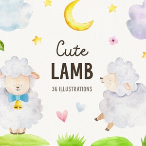 Pu&ograve; includere: Set di 36 illustrazioni ad acquerello di agnelli carini con stelle, nuvole, fiori e cuori. Il testo "Cute LAMB 36 ILLUSTRATIONS" &egrave; al centro dell'immagine.
