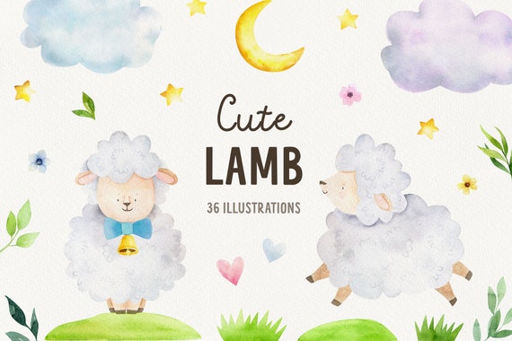 Watercolor lamb farm clipart, Cute sheep easter clipart, Nursery art farm png for birthday invitations, babyshower and scrapbooking