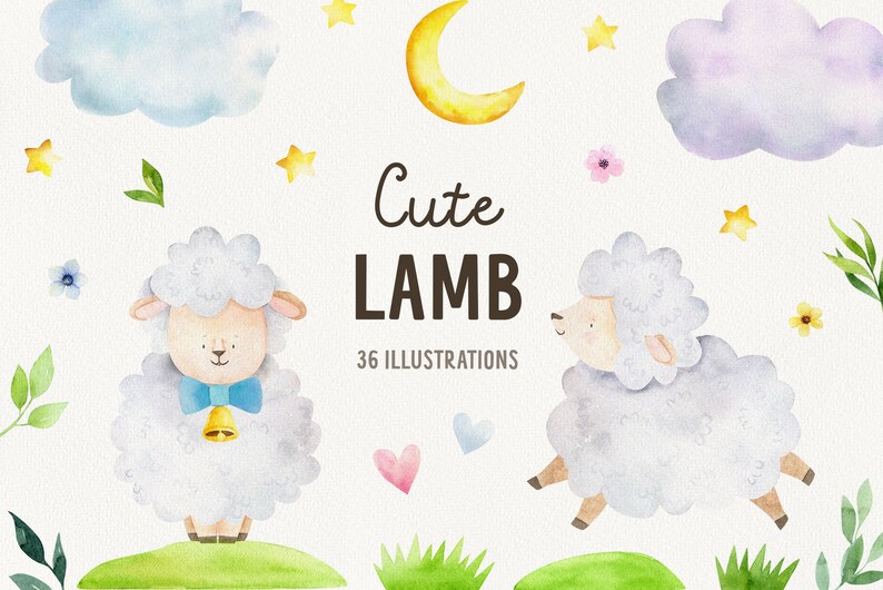 Pu&ograve; includere: Set di 36 illustrazioni ad acquerello di agnelli carini con stelle, nuvole, fiori e cuori. Il testo "Cute LAMB 36 ILLUSTRATIONS" &egrave; al centro dell'immagine.