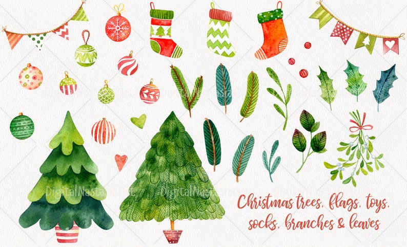 May include: Watercolor illustrations of Christmas trees, flags, ornaments, socks, branches, and leaves. The illustrations are in shades of green, red, and white.