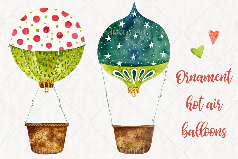May include: Two watercolor painted hot air balloons shaped like Christmas ornaments. One balloon is green with white stars and the other is red and white with green polka dots. Both balloons have a gold trim and are attached to a brown basket.