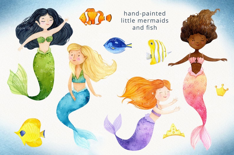 Underwater clip art PNG Mermaids Watercolor Clipart fairytale party Little Mermaid and Ocean animals perfect for girl nautical babyshower