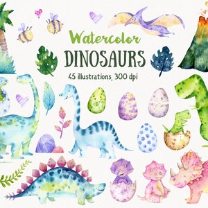 Watercolor dinosaur clipart, Dinosaur illustration, Babyshower dinosaur, Dinosaur birthday party, Baby dinosaur, T Rex, Dinosaur baby PNG
