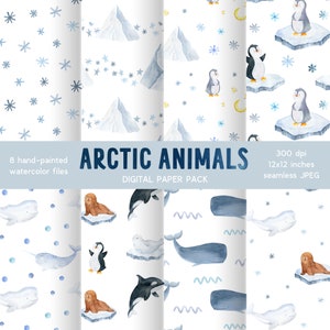 Può includere: Un pacchetto di carta digitale con otto file ad acquerello dipinti a mano con disegni di animali artici. I modelli includono pinguini, balene, foche e fiocchi di neve su sfondo bianco. Il testo "ARCTIC ANIMALS" è visualizzato al centro.