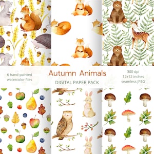 Pacchetto di carte Forest Digital. Confezione di carta woodland. Sfondo autunnale. Simpatici modelli di animali della foresta. Carta da scrapbooking digitale orso e volpe