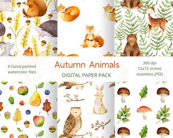 Forest Digital Papiere Pack. Holzpapierpackung. Herbst hintergrund. Niedliche Waldtiere Muster. Bär und Fuchs digitales Scrapbooking Papier