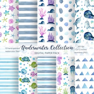 Watercolor Sea Digital Paper Pack. Patrones sin costuras en el océano. Bajo los fondos marinos. Papeles de álbum de recortes de verano. Patrón geométrico y de rayas