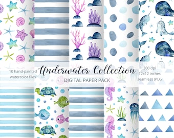 Watercolor Sea Digital Paper Pack. Ocean seamless patterns. Under the sea backgrounds. Summer scrapbook papers. Geometric and stripe pattern