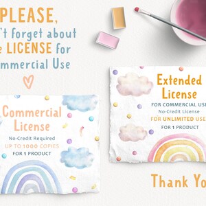 Pu&ograve; includere: Due illustrazioni ad acquerello di disegni di arcobaleno con nuvole e coriandoli. La prima immagine dice "Licenza Commerciale" con il testo "Nessun credito richiesto, Fino a 1000 copie, Per 1 prodotto". La seconda immagine dice "Licenza estesa" con il testo "Per uso commerciale, Licenza senza credito, Per usi illimitati, Per 1 prodotto". Entrambe le immagini hanno il testo "Grazie".