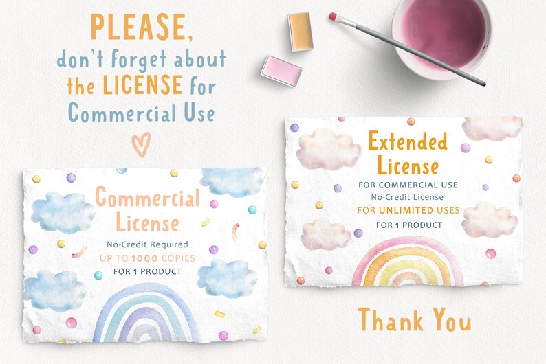 Pu&ograve; includere: Due illustrazioni ad acquerello di disegni di arcobaleno con nuvole e coriandoli. La prima immagine dice "Licenza Commerciale" con il testo "Nessun credito richiesto, Fino a 1000 copie, Per 1 prodotto". La seconda immagine dice "Licenza estesa" con il testo "Per uso commerciale, Licenza senza credito, Per usi illimitati, Per 1 prodotto". Entrambe le immagini hanno il testo "Grazie".